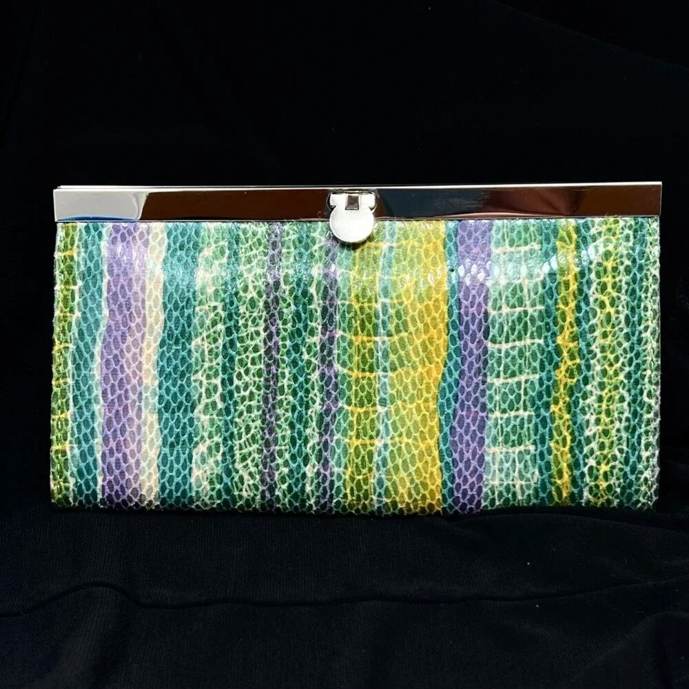 Van Heusen Clutch Purse NWT Green Purple Yellow Faux‎ Snakeskin Maximalist Color
